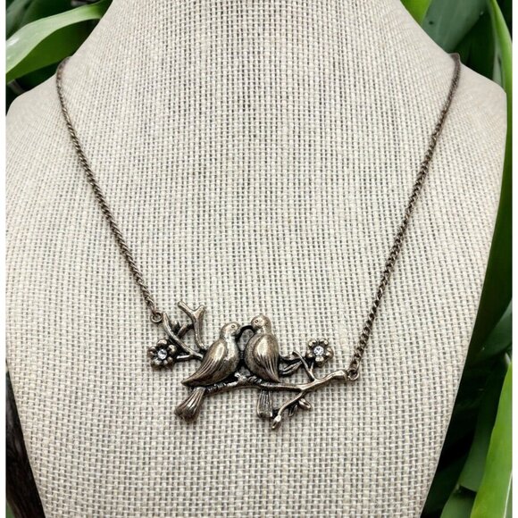 Vintage Lovebirds Pendant Necklace Sitting on Branch Rhinestone Accents - Picture 1 of 7